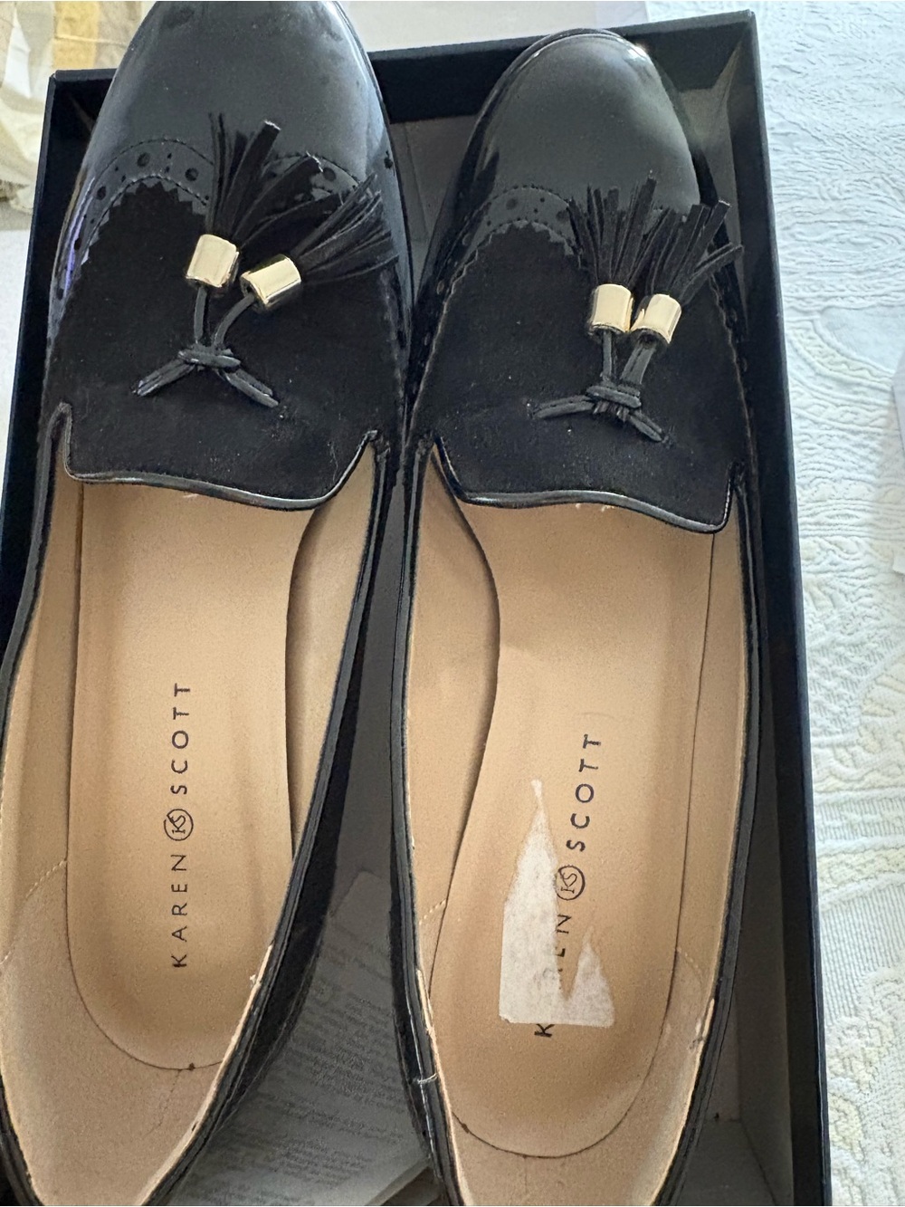 Karen Scott Black Tassel Loafers with Gold Accents
